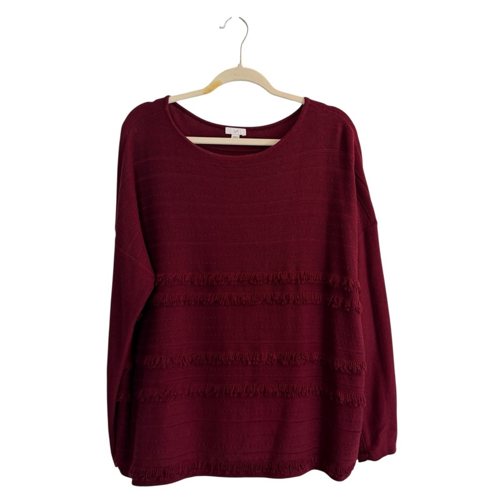 J.Jill Fringed Textured Knit Top Burgundy L  Long Sleeve Cotton Blend Pullover